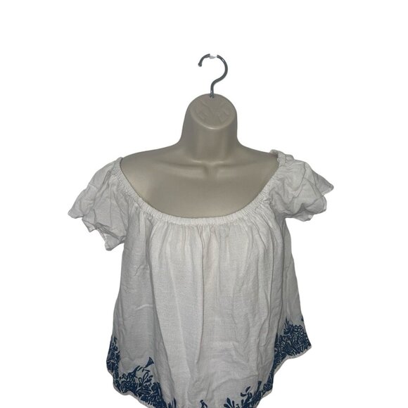 ZARA BASIC Women's XS Embroidered Blouse White with Blue Off-the-Shoulder - Picture 3 of 10